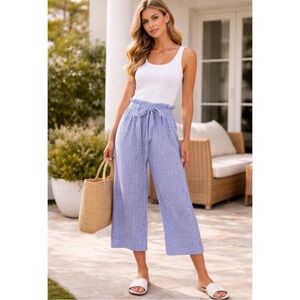 Joie Seersucker Gingham Paper-bag Wide-Leg Tie-Waist High-Rise Cropped Pants S